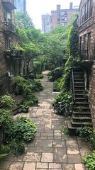 A serene, overgrown courtyard with stone paths and lush greenery.