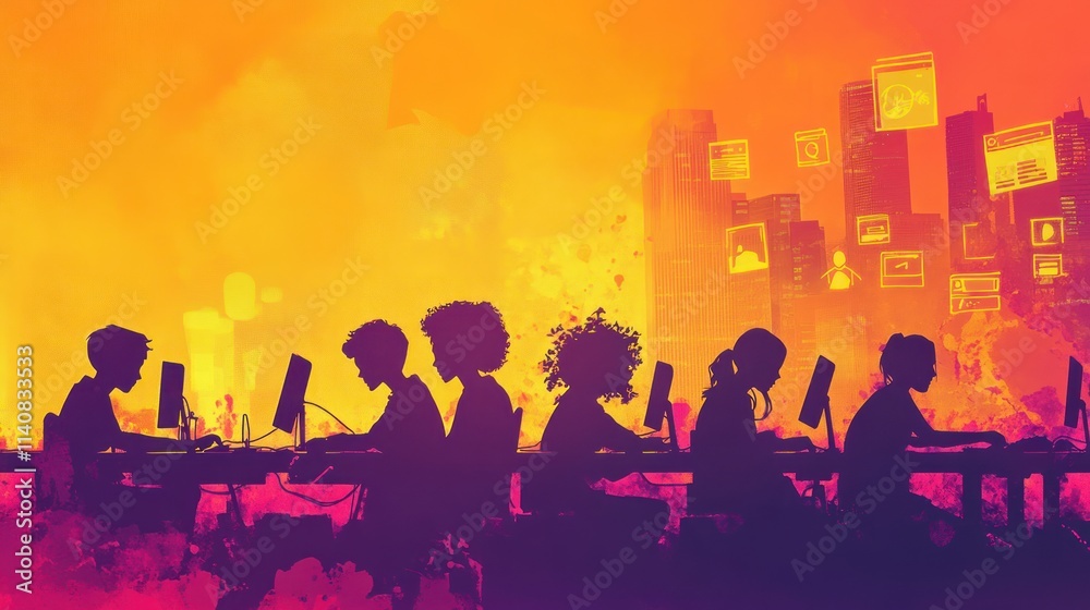 Poster silhouettes of individuals working on computers against a vibrant urban backdrop.