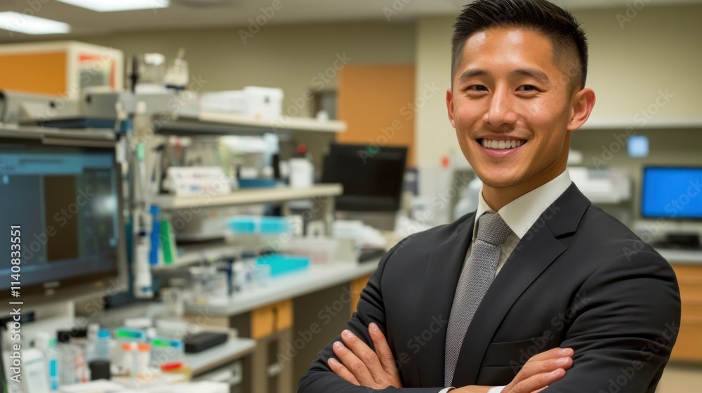 Aufkleber a professional in a lab environment, showcasing confidence and expertise in a scientific setting.