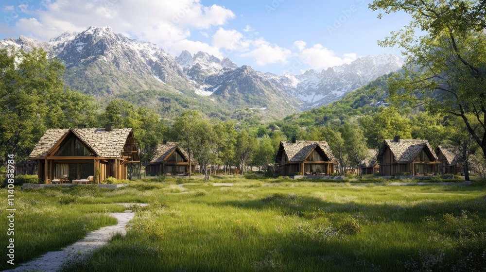 Poster scenic view of rustic cabins in a lush green valley with mountains in the background.