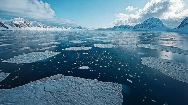 Ice floes float serenely on reflective waters, surrounded by towering snow-capped mountains and illuminated by bright sunlight in a stunning natural landscape.