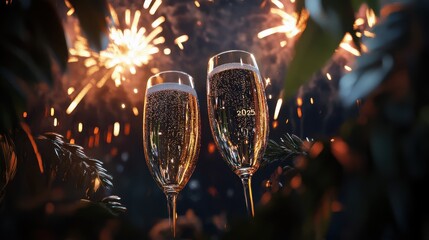 Golden "2025" with champagne flutes and fireworks in a celebratory new year scene.