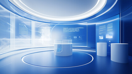 Futuristic 3D rendering of a blue and white gradient circular exhibition hall with an open wall, featuring a digital display surrounded by white cylindrical holographic shelves and an empty glass