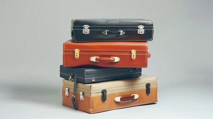 A clean, detailed image of retro travel suitcases isolated on a white background.--ar 16:9