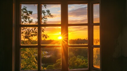 Golden Sunset through a Rustic Window Pane