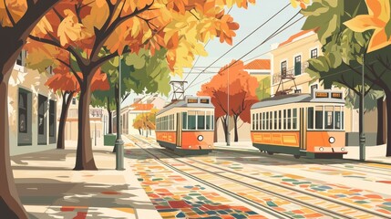 Obraz premium Charming tram ride through colorful lisbon streets portugal retro print autumn vibe scenic view travel concept
