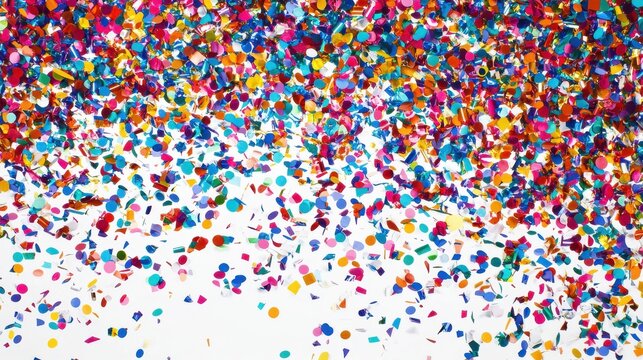 Multicolor confetti abstract background with a lot of falling pieces, isolated on a white background. Festive decorative tinsel element for design