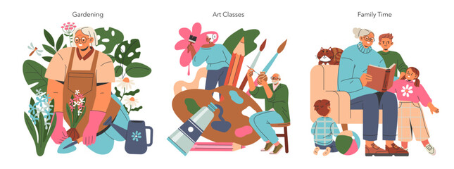 Pensioners Cope With Loneless. Flat Vector Illustration