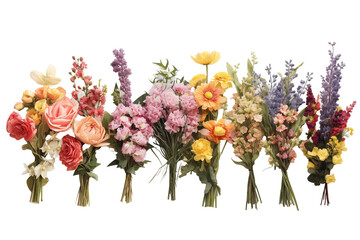 Bouquets of flowers on a transparent background. Flower themes. Floral arrangement. Florist profession. Sale of flowers. Purchase of flowers. PNG. Image for graphic designer. Image for flyers. Cut out
