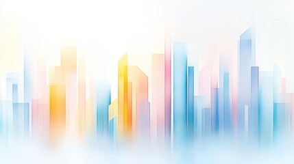 Abstract city skyline with soft colors and blurred outlines.