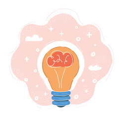 Cartoon vector illustration of brain, mine inside light bulb