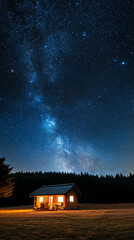 A serene night scene featuring a cozy wooden cabin illuminated by warm light, set against a stunning starry sky filled with the Milky Way and bright stars.