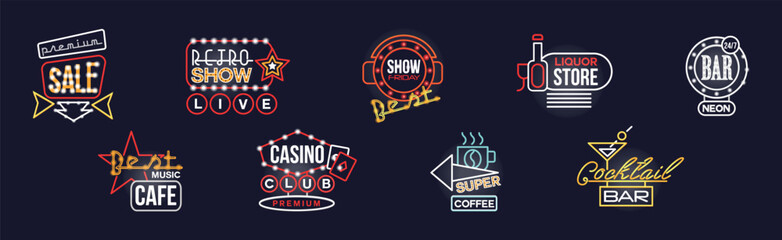 Fototapeta premium Colorful Glowing Signboard and Retro Neon Street Sign Vector Set