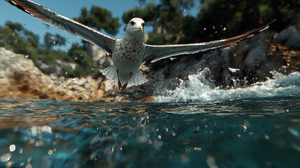 Fototapeta premium Seagulls soaring above rugged cliffs and ocean waves coastal scene aerial view nature