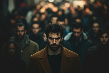  focused young man stands out in a crowded street, surrounded by blurred faces of people walking by. The atmosphere is intense and moody, emphasizing the contrast between the individual and the crowd.