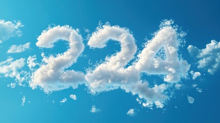 Fototapeta premium The 2024 number and fluffy white cloud on blue sky background.
