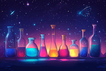 A vibrant, colorful display of various laboratory glassware filled with glowing liquids, set against a starry night sky with cosmic elements.