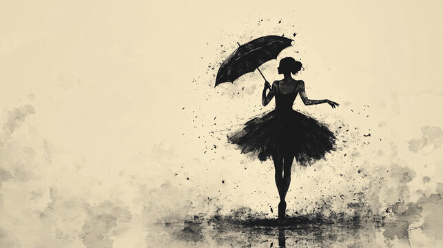 Fototapeta Silhouette illustrations of a graceful ballerina holding an umbrella, featuring elegant poses with textured watercolor backgrounds, emphasizing dance, movement, and creativity
