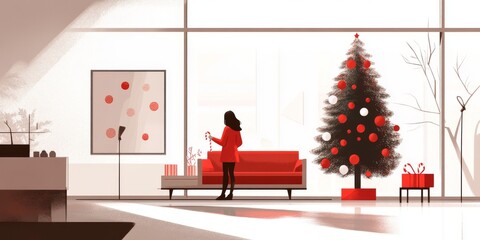 A minimalist Christmas living room scene with a decorated tree, modern furniture, and a cozy atmosphere of holiday preparation