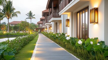 Obraz premium Explore a tropical Kerala resort with traditional architecture, lotus ponds, and serene outdoor lighting for a perfect getaway