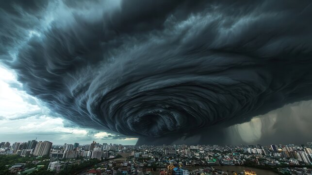 Typhoons bring floods and severe weather. Dark swirling storm over cityscape