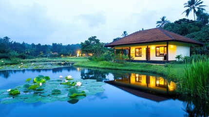 Fototapeta premium Relax at a serene tropical Kerala resort featuring beautiful lotus ponds and lush greenery during dusk