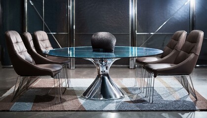 A rectangular glass table with chrome legs surrounded by leather swivel chairs, set on a dar