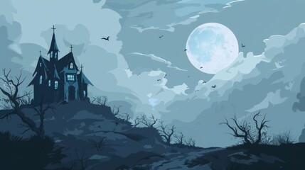 Fototapeta premium Spooky Haunted House on a Hill at Night with Creepy Atmosphere