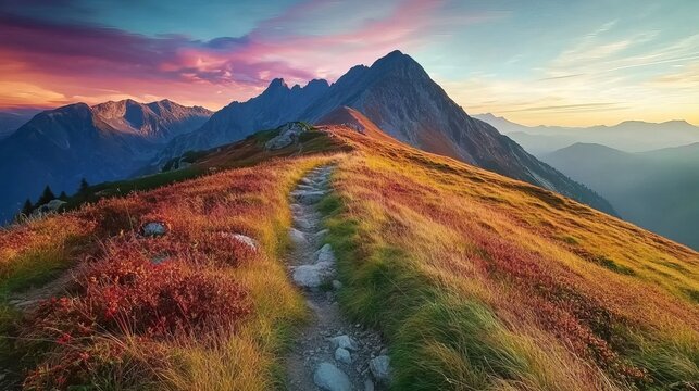 A mountain trail winding along the ridge of stunning peaks, surrounded by autumn grass and a vibrant sky.