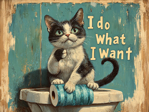 Humorous illustration of a cat sitting on a toilet with a sign "I do what I want," quirky and playful art style with bold teal backgrounds and vintage-inspired design