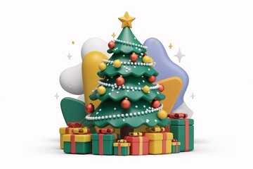 Festive Christmas Tree Illustration, A cheerful green Christmas tree with a golden star, red and gold baubles, and gold bells,whimsical and festive