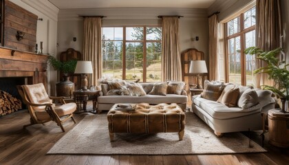 A slipcovered sofa and wingback armchairs in muted pastels, a vintage trunk repurposed as a