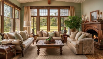 A slipcovered sofa and wingback armchairs in muted pastels, a vintage trunk repurposed as a