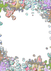 An abstract transparent psychedelic wavy splatter vignette design element overlay.