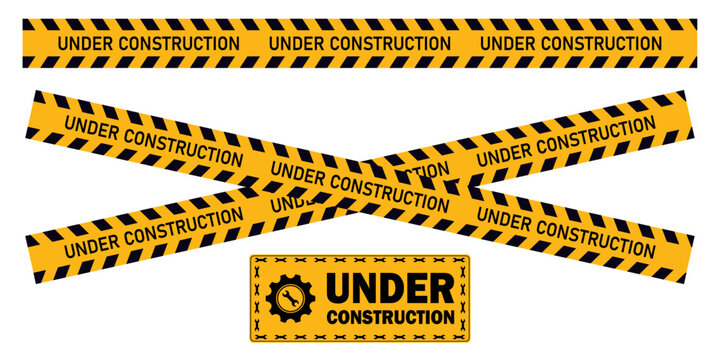 Under Construction barrier yello tape sign for web site road warning working security attention black text transparent background