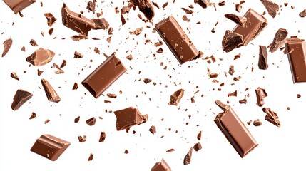 Pieces of milk chocolate bar falling on a white background, creating an explosion of cocoa crumbs and shavings. Top view flat lay with a dynamic pattern.