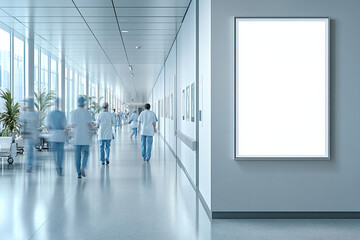 Blank white poster frame on the wall of an hospital interior, doctors and nurses in motion blur walk, window light from outside.