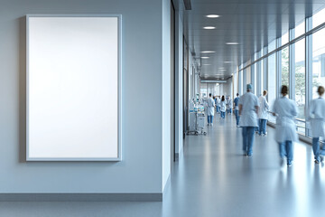 Blank empty white picture frame mockup in a hospital corridor with blurred medical personnel while walking