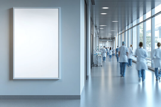 Blank empty white picture frame mockup in a hospital corridor with blurred medical personnel while walking