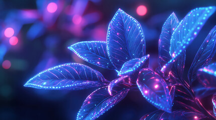 Cyber-Futuristic Plant with Glowing Neon Leaves: A High-Tech Vision of Nature