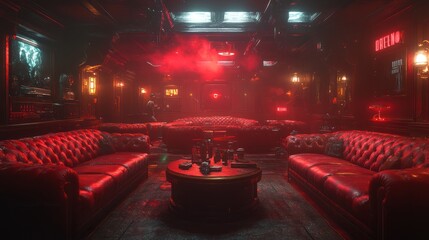 Red-lit smoky interior of a luxurious, dimly-lit lounge with leather sofas and a low coffee table.