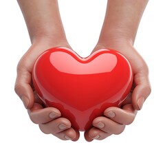 Fototapeta premium 3D Render of Human Hands Gently Holding a Glossy Red Heart with Reflective Surface, Isolated on White Background