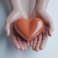 Obraz premium 3D Render of Human Hands Gently Holding a Glossy Red Heart with Reflective Surface, Isolated on White Background