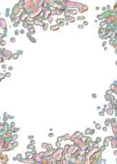 An abstract transparent psychedelic wavy splatter vignette design element overlay.