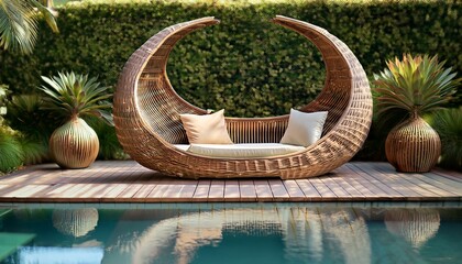 Comfortable rattan daybed with adjustable headrests, featuring light tan cushions and positi