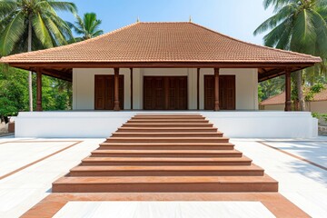Traditional Kerala tharavadu house showcasing carved wooden doors, clay-tiled roof, and intricate veranda design set in a lush green environment