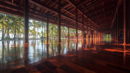 A spacious wooden interior with polished floors and tropical views.