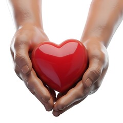 Fototapeta premium 3D Render of Human Hands Gently Holding a Glossy Red Heart with Reflective Surface, Isolated on White Background