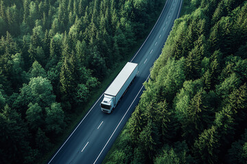 Arial view of heavy blue truck on a road. Spring green trees by the sides of the road.