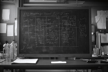 Wide black blackboard inscribed with scientific formulas and calculations in physics, math, chemistry and electrical circuits. Science and education